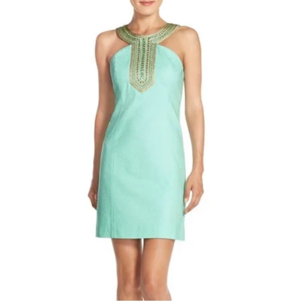 Lily Pulitzer Adalina Shift Dress Poolside Blue Gold Beading Size Six